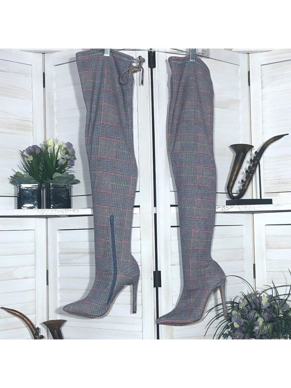 Forever 21 Plaid Over the Knee Boots Gray Red Size 7